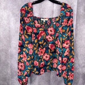 Les Serein Women Large Floral Smocked Back Square Neck Teal Coral Coquette Shirt